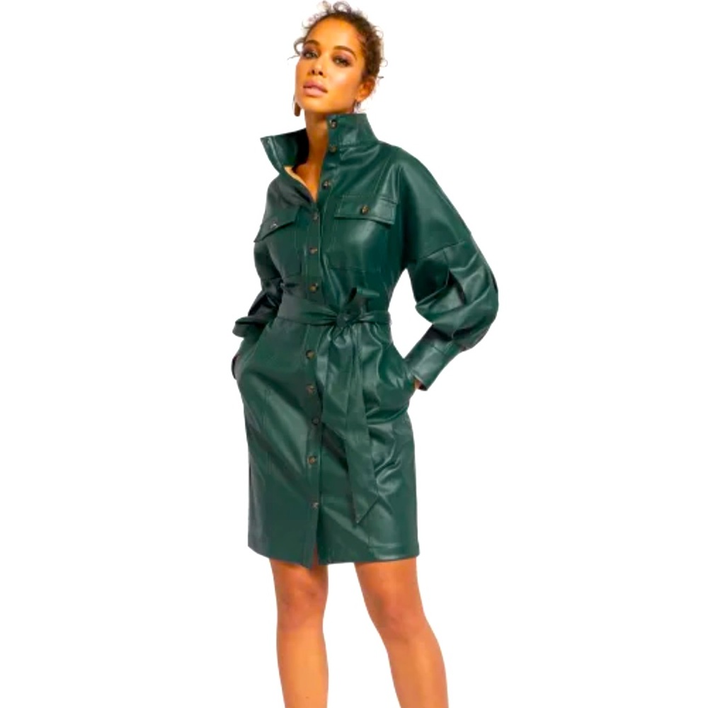 FAUX-LEATHER STATEMENT SLEEVE DRESS
